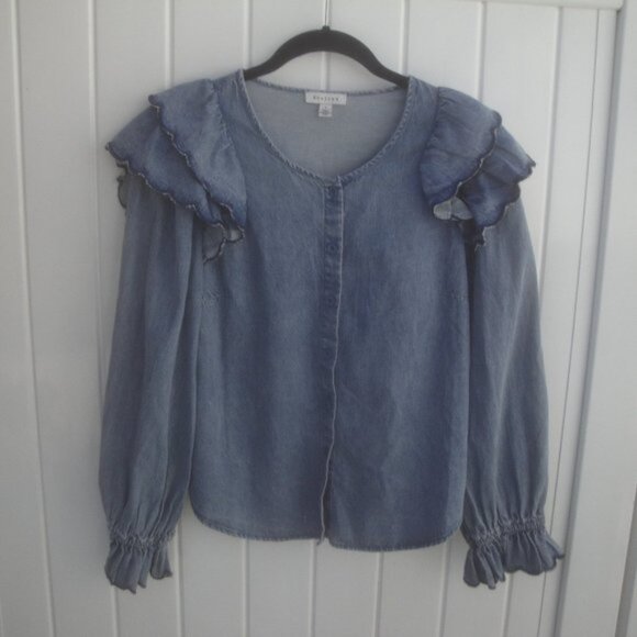 Stellah Blouse Women's Size Small Washed Blue Denim (2) rows of Ruffles Preppy - Picture 2 of 5